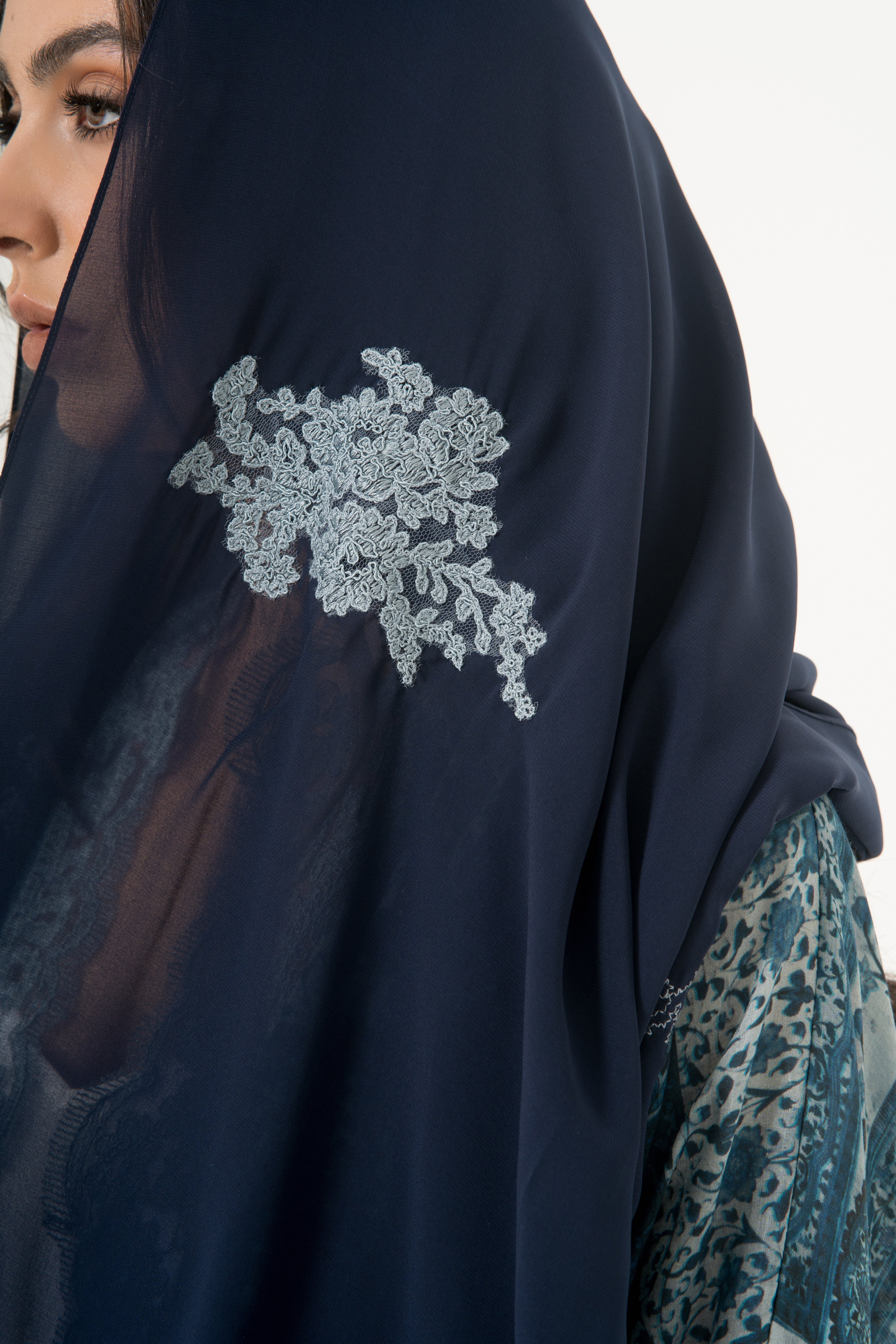 Patchwork Tile Print Abaya with Gray Lace