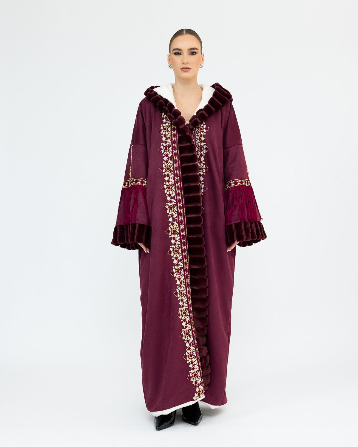Embroidered Farwa with Fur & Tassels