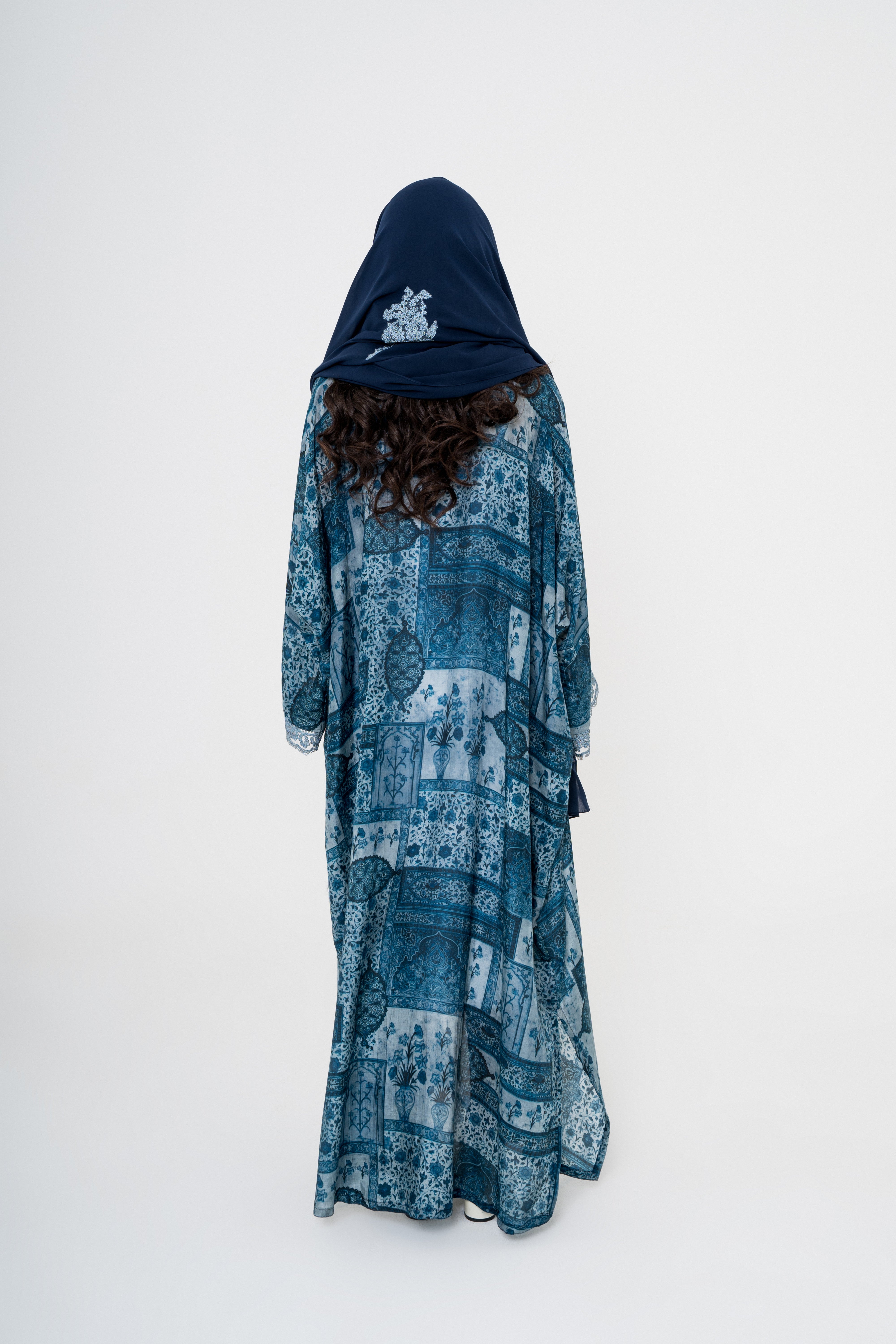 Patchwork Tile Print Abaya with Gray Lace