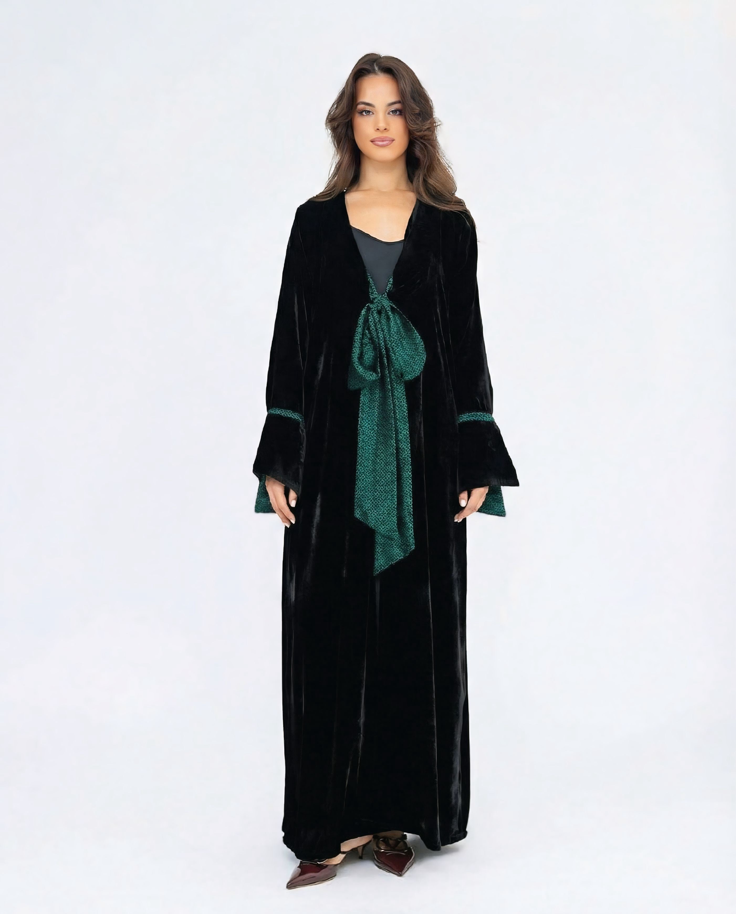 Printed Bow Velvet Abaya