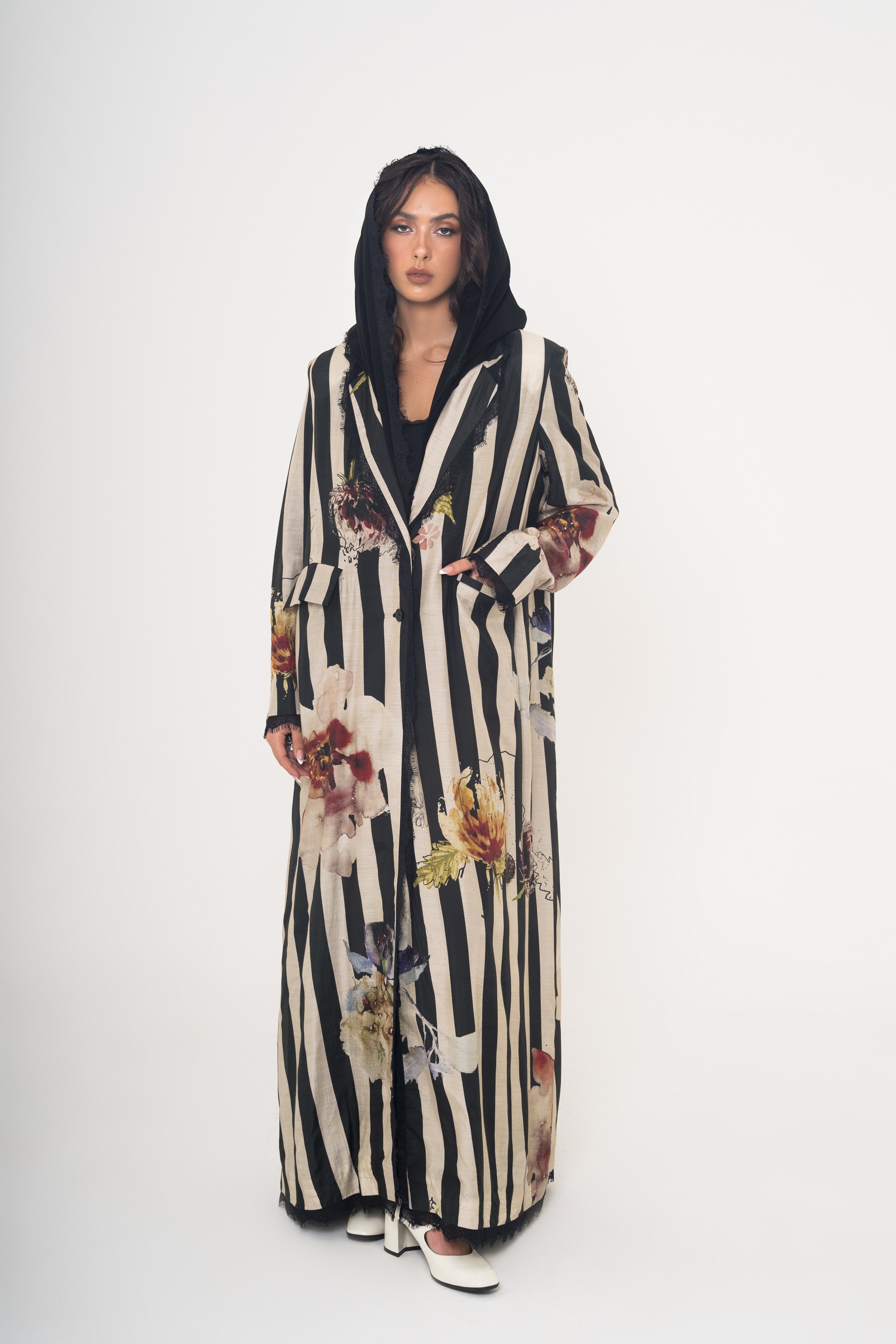 Striped Abaya with Floral Design