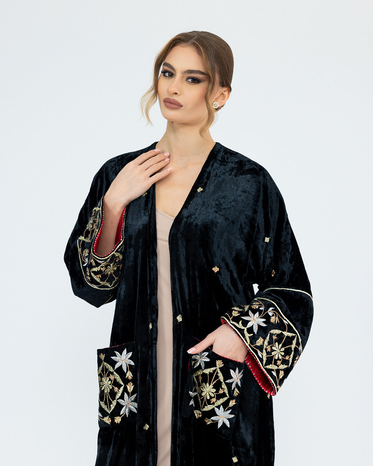 Pocket-Detail Embroidered Abaya