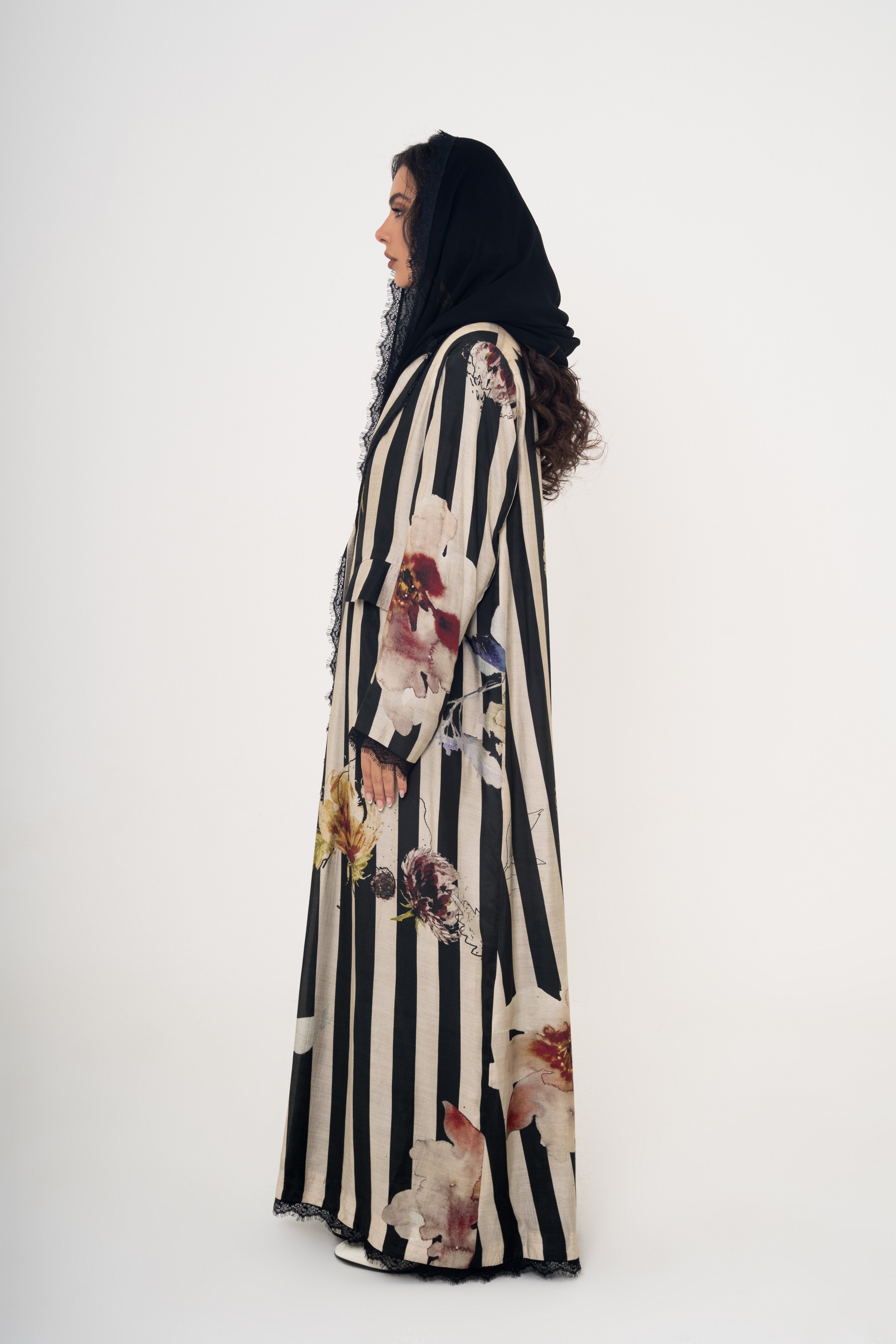 Striped Abaya with Floral Design