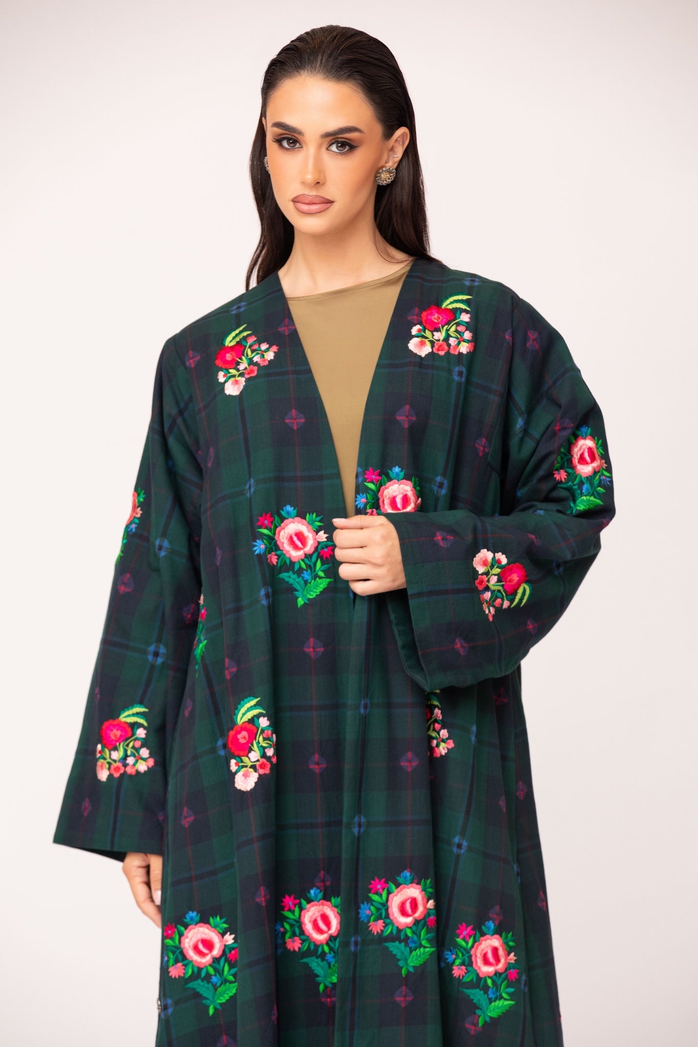 Plaid & Tie Dye Embroidered Abaya